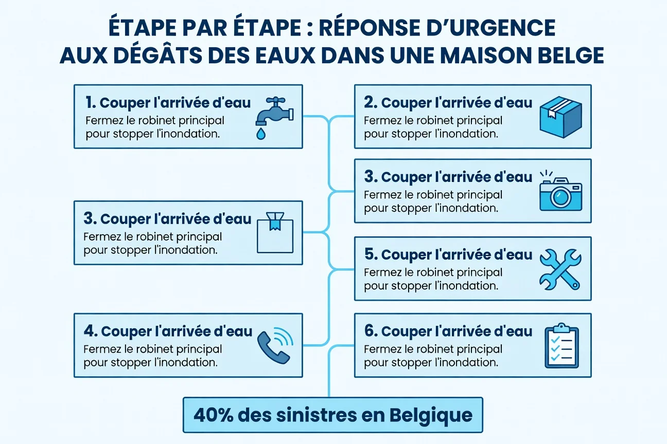 Infographie : les 6 etapes a suivre en cas de degats des eaux en Belgique