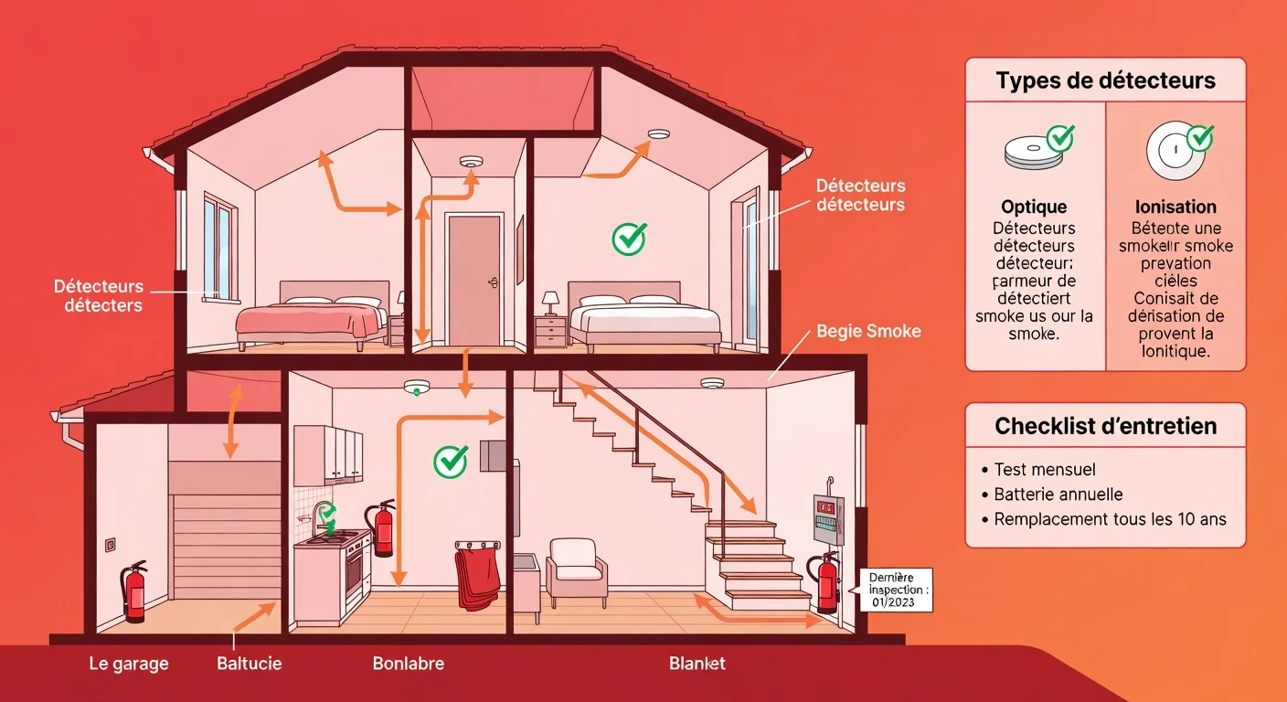 Infographie : placement ideal des detecteurs de fumee et equipements anti-incendie