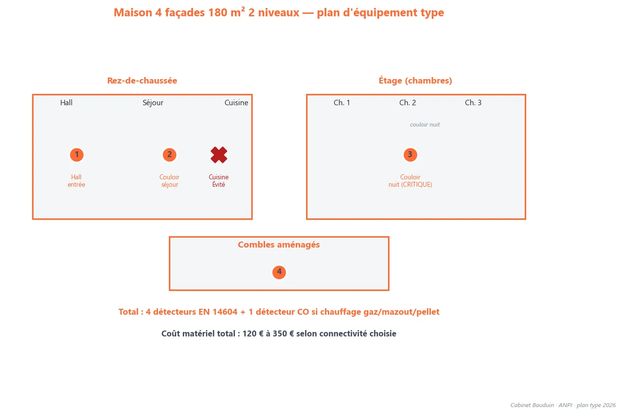 Plan d'équipement type maison 180m² 2 niveaux - détecteurs fumée